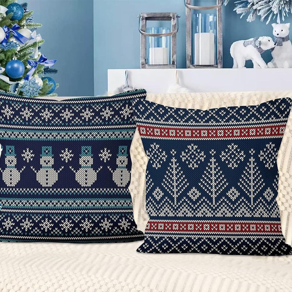 Winter Snowflake Pillowcase 45X45 Pillowcase Navy Blue Christmas Decorations Snowman Throw Pillowcase Cushion Outdoor Courtyard