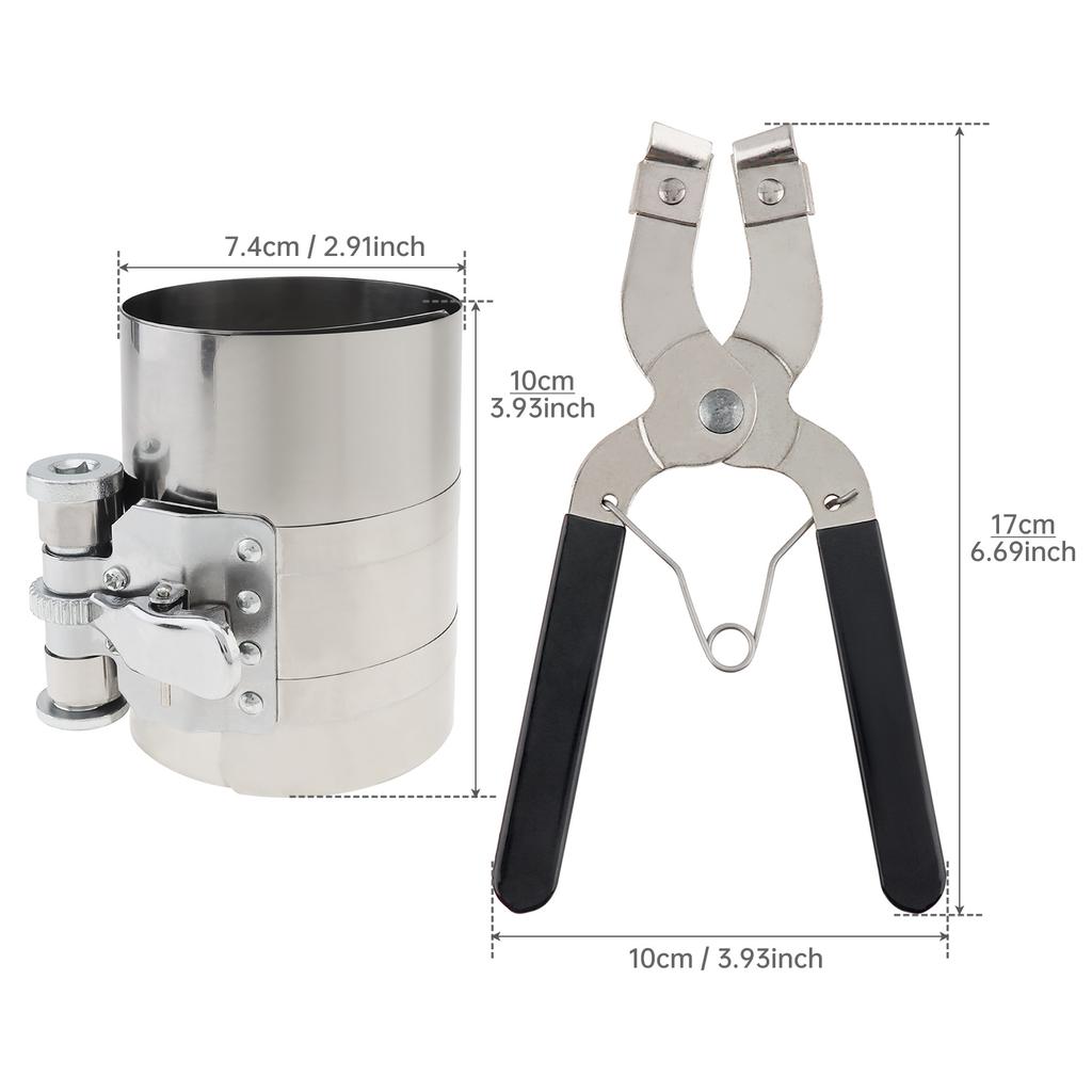 4inch Car Engine Piston Circle Compressor Tool, Adjustable Sizes From 2 Inch To 7 Inch with Piston Installer Plier, Silvery 50mm,175mm Piston Circle
