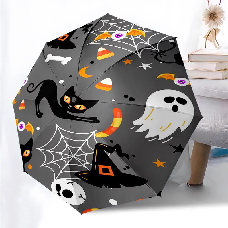 Happy Halloween Themed Folding Umbrella Fashion Auto-Open 8 Iron Ribs Plastic Handle Foldable Sunshade Perfect Christmas Gifts