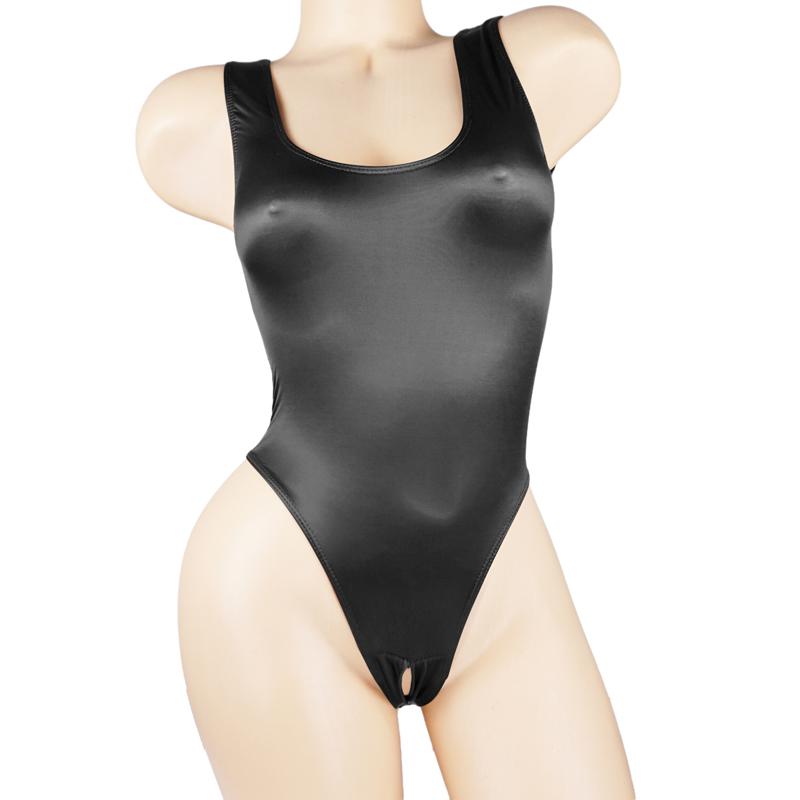 Satin Glänzend Trikots Einteiler Badeanzug Sexy Hoch geschnittener Offener Schritt Bikini String Bodysuit Glänzend Damen Unterwäsche Große Größen