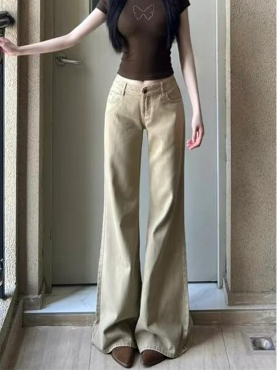 Retro Khaki Women's Low Waist Wide Leg Bell Bottom Jeans