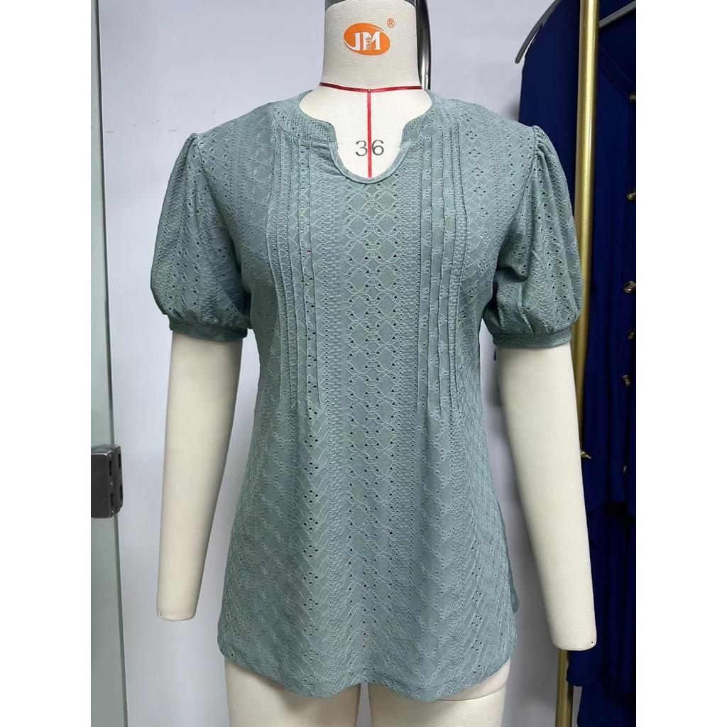 Spring Summer New Women's Solid Color V-neck Striped Loose Short Sleeve T-shirt for Cross-border E-commerce