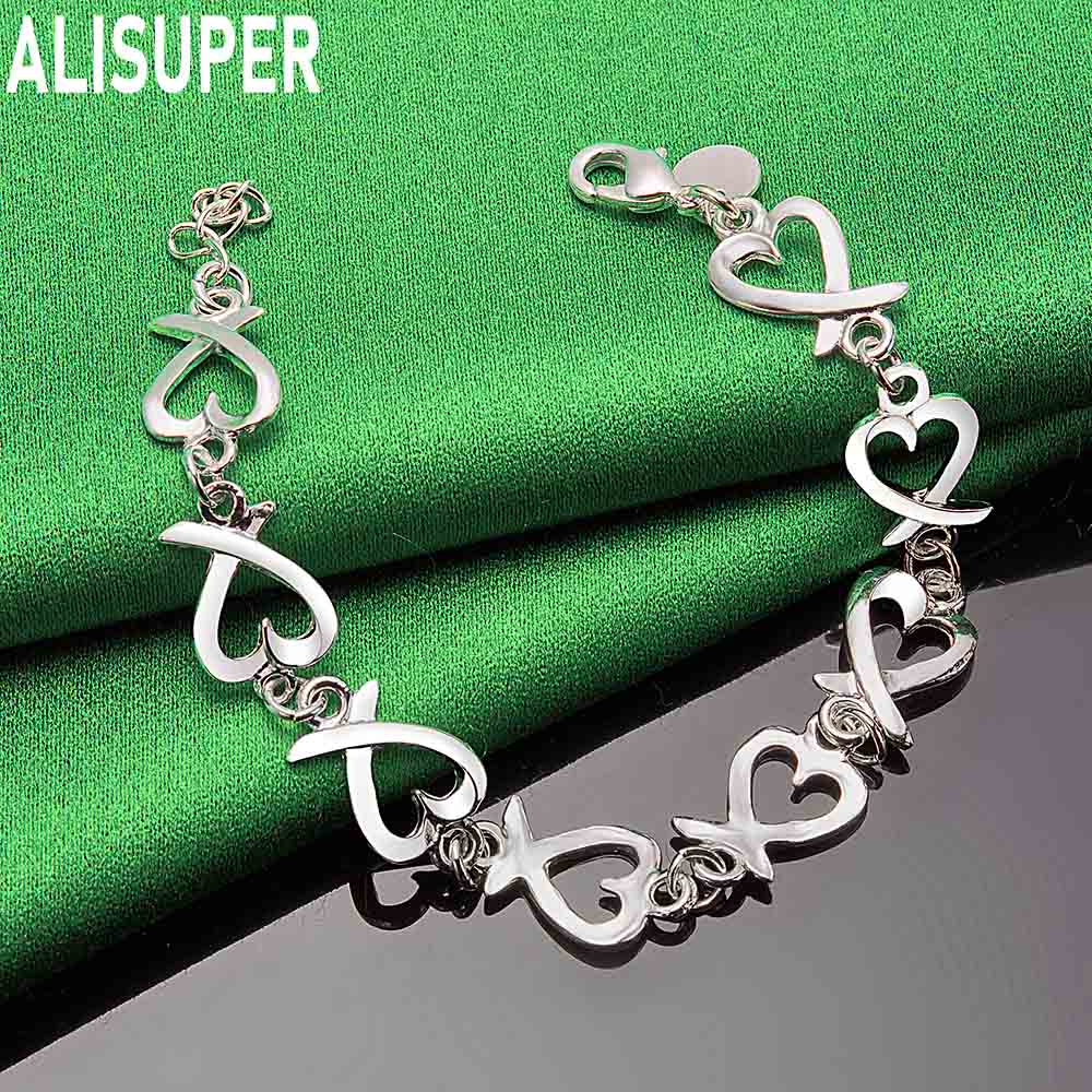 925 Sterling Silver Antique Heart-Shaped Side Chain Romantic Bracelet Gift Jewelry