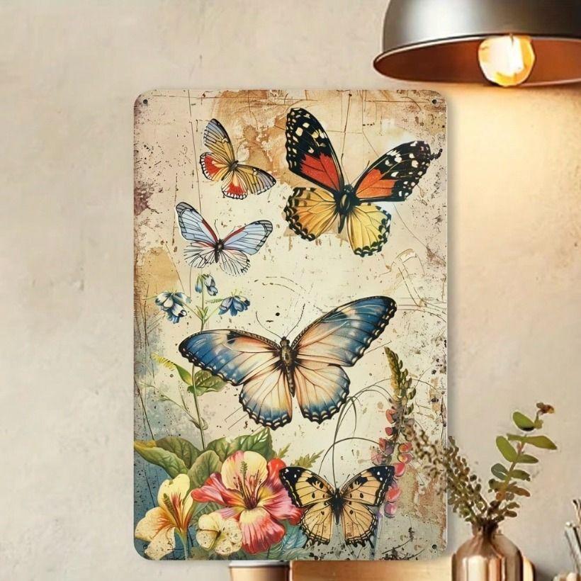 Vintage Metal Sign Butterfly Flower Wall Decor for Restaurant