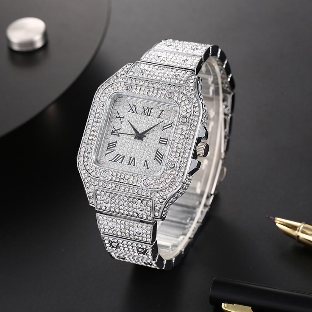 Klassische Luxus Business Herren Stahlband Quadratisch Römische Ziffern Strass Quarz Uhr Lesiure Herren Armbanduhr
