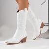 White Large Size Mid-Calf Boots Pointed Toe Square Heel Women Shoes Embroidery Cowgirl Knight Boots Vintage Black High Heels