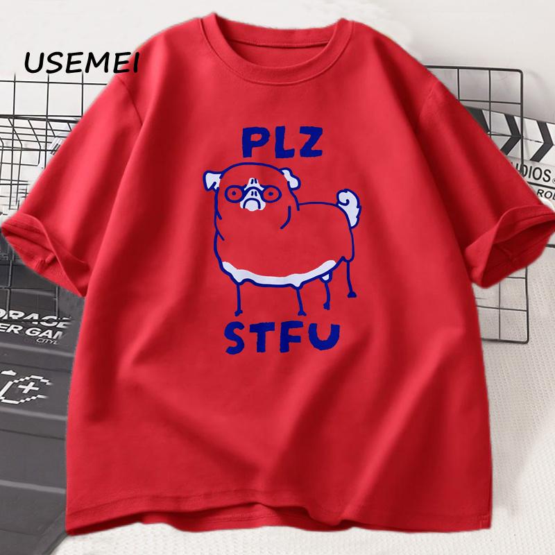 PLZ STFU Pug T Shirt Men Casual Short Sleeve Tee Shirt Meme Funny T-Shirt Vintage Drawing Racoon Animal Tshirt Streetwear Tees
