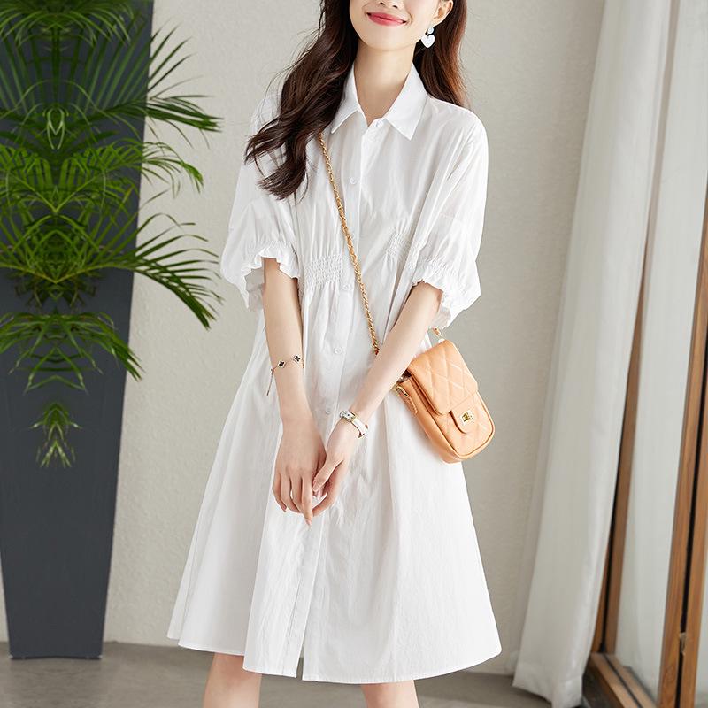 Women's Asymmetrical Pleated Shirt Dress with Waist-Slimming Design and Lantern Sleeves