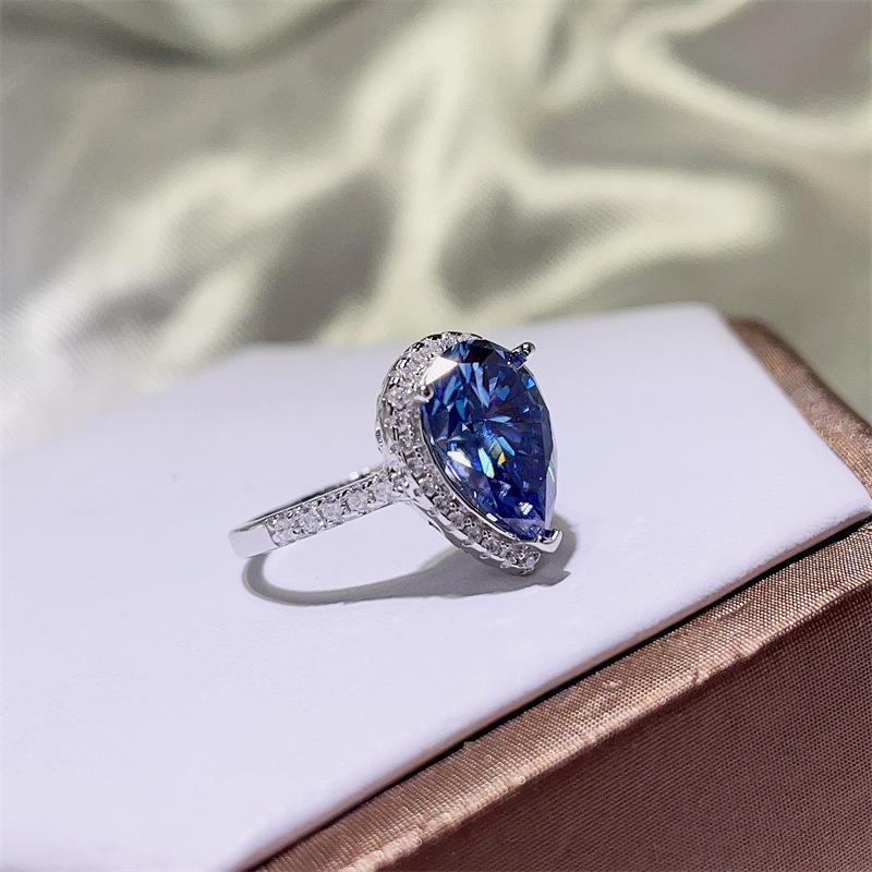 5 Carat Blue Water Drop Moissanite Women's Pear Shape Diamond Ring - Stylish European & American Fashion Bestseller.