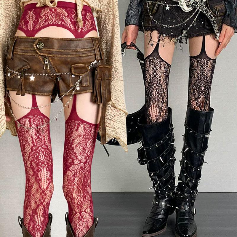 Lolita Sweet Girls Punk Style Floral Tights Colorful Thigh High Stockings Sheer Fishnet Suspender Tights Garter Belt Pantyhose