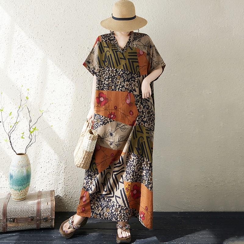 Kurzarm-Übergröße, Vintage-Kleid mit Blumenmuster, neu in Kleidern für Damen, lässig, locker, Maxi, lang, Sommerkleid