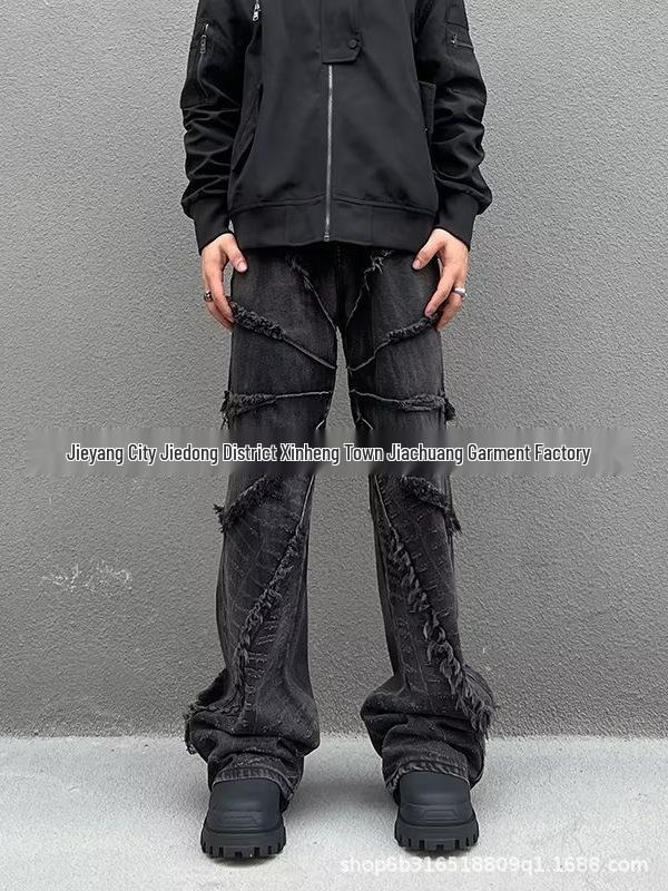 Men s American Retro Washed Patchwork Denim Jeans - Autumn Loose Wide-Leg Straight Pants M