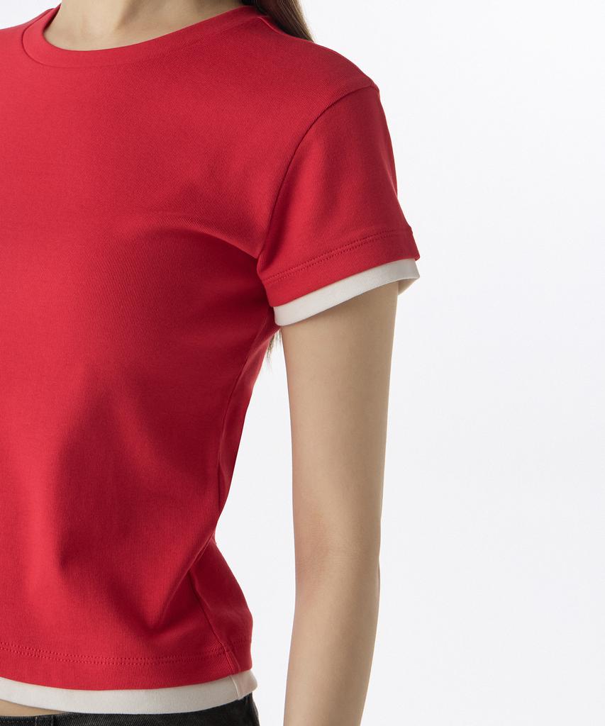 MUSINSA STANDARD WOMAN Women'S Layered Hem Slim T-Shirt [Red/Cream]