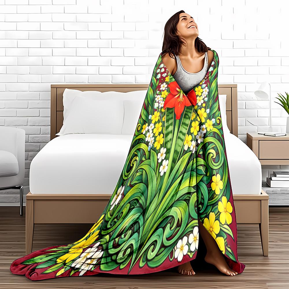 Colorful Floral Pattern Blanket with Red Lilies and Green Leaves Design Blanket, Suitable for Use In the Bedroom, Living Room, On the Sofa