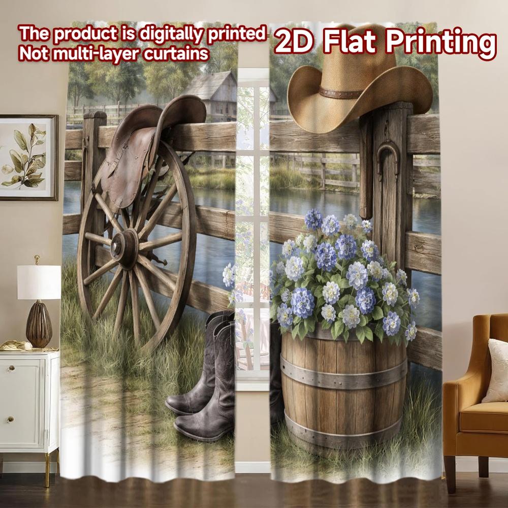 2D FLAT PRINTING 2pcs Curtains (Without Rod) Rustic Country Scenery Popular Fashionable Curtains Durable Polyester Curtains 60×150cm