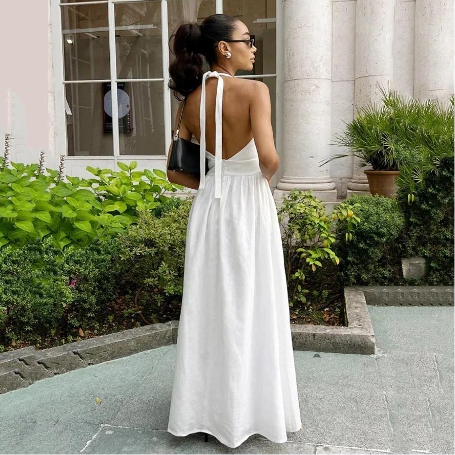 Cotton Long Dress With Waist Cinched V-neck And Large Swing, Tied Long Skirt For Women