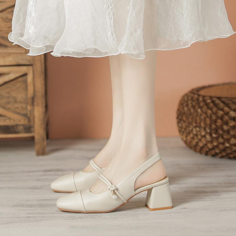 Yiran Bag Women's Spring And Autumn Soft Genuine Leather Lady Shoes French Style 4Cm Heel Tall Lady Mary Jane Baotou Sandals Cm