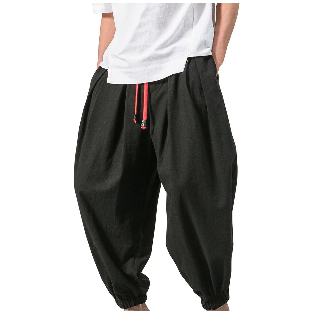 Men's Japanese Cotton Linen Cropped Pants Loose Wide-Legged Pants Plus Size Casual Pants