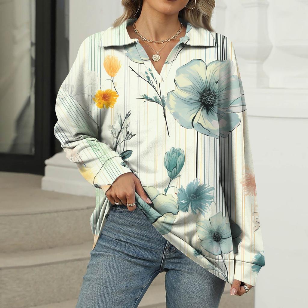 Women's Summer Fashion Casual  Printed V-Neck Long Sleeve Shirt Top
