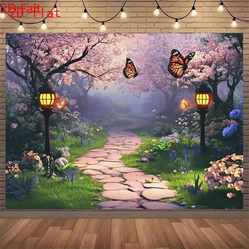 

2D Dreamy Sakura Garden Backdrop Stone Path & Butterflies Background for Spring and Wedding Party 47.2x31.5inch/120*80cm