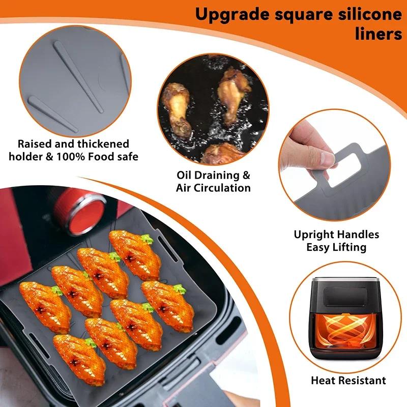 1pc Air Fryer Silicone Baking Tray 23cm Square Airfryer Liners Molds Reusable Oven Baking Basket Multi Functional Barbecue Mat