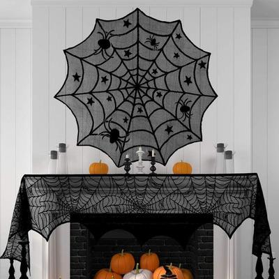 Halloween Black Lace Spider Web Tablecloth Fireplace Scarf Round Table Cover Bat Lamp Shade Horror Party Home Table Decorations