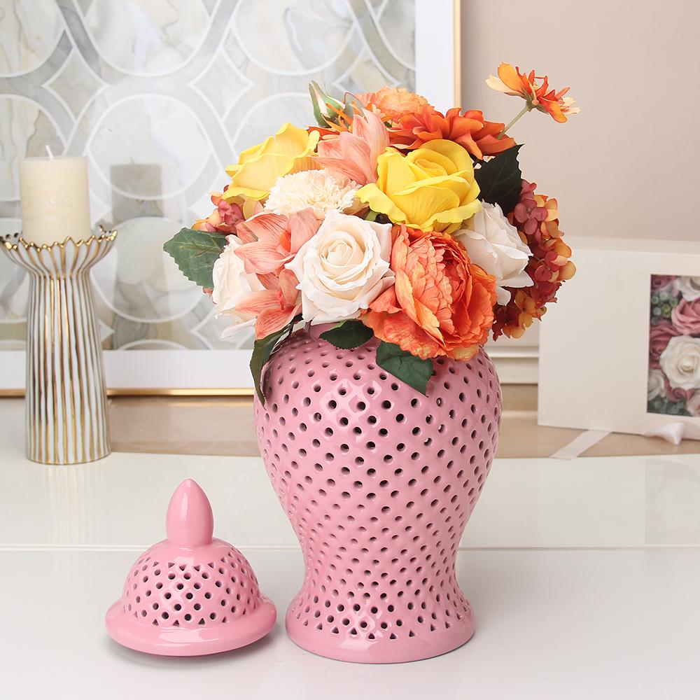 Porcelain Ginger Jar Hollow Out Temple with Lid Traditional Ceramic Vase 25cmx48cm