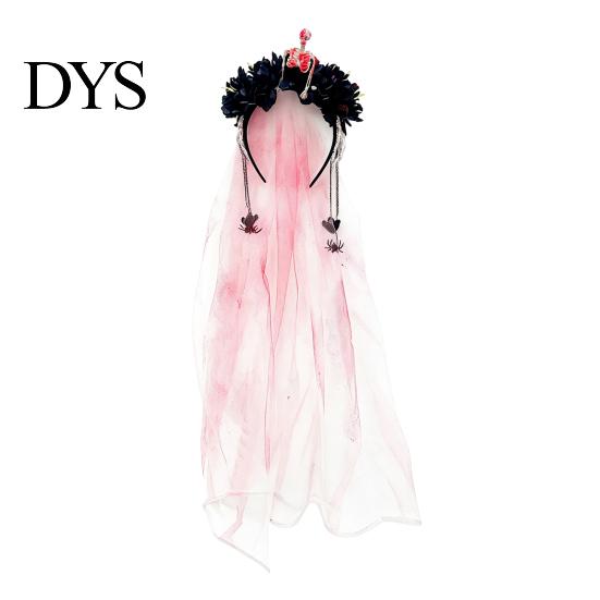 Halloween Ghost Bride Costume Gothic Flower Headband with Veil, Spooky Black Rose Dead Branch Skull Headpiece, Witch Hair Band Day of The Bridal Veil