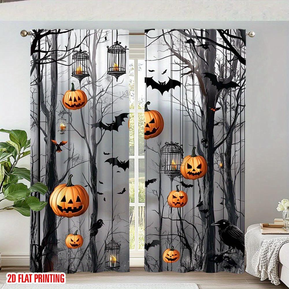 2Pcs Polyester Halloween Spooky Moonlit Printing Window Curtains Birthday Party Decoration Backdrop Drapes for Living Room