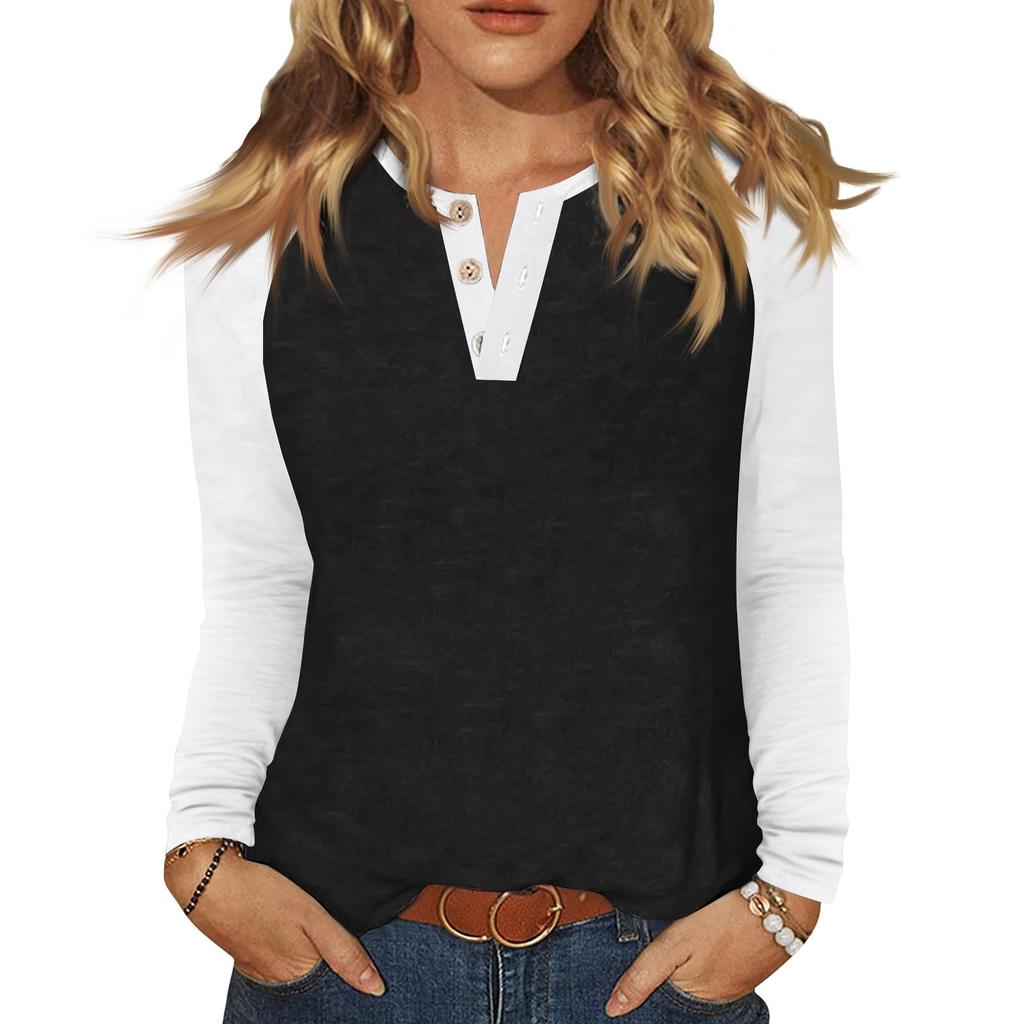 Women's T Shirt Color Block Button Long Sleeve Daily Weekend Fashion Basic V- Neck Regular Top