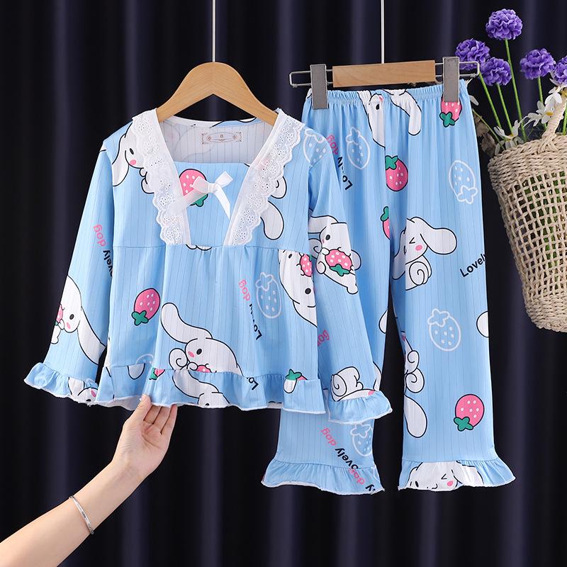 Kids' and Women's Spring Autumn Cartoon Pajama Set - Long Sleeve, Long Pants, KPOP Square Neck Homewear for Middle Large Child Girls