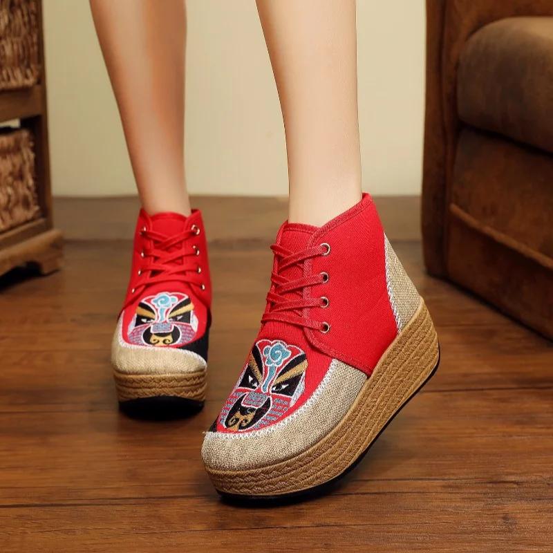Fashion 2024 New Retro Women Linen Cotton Fabric Embroidered Short Ankle Platform Boots Comfortable Ladies Lace Up Booties Winter Shoes