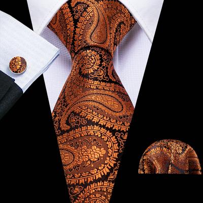 Necktie Hankerchief Cufflinks Set Earth Yellow Paisley Jacquard Woven Wedding