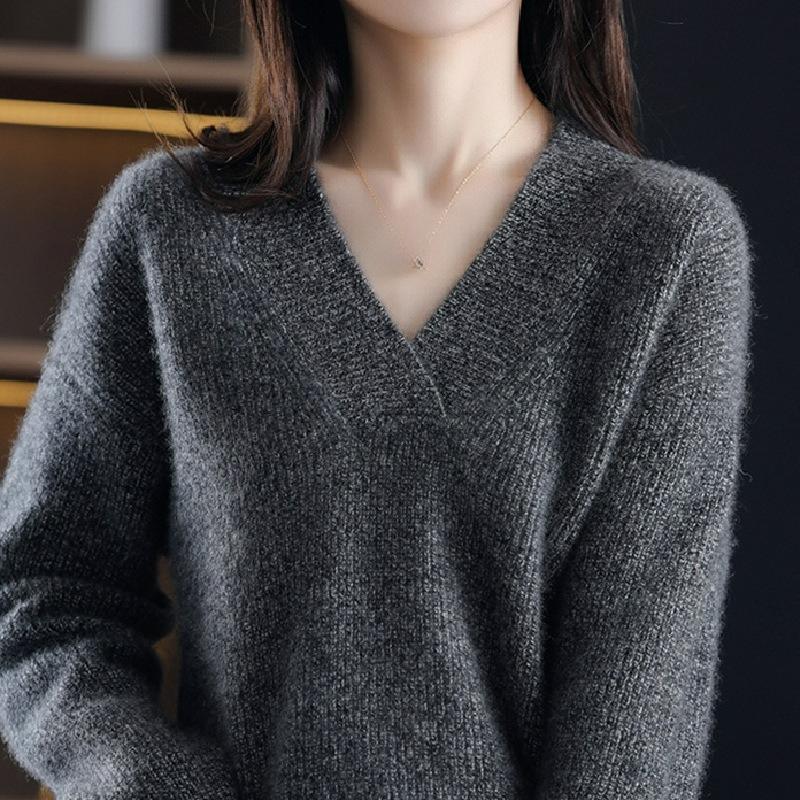 Winter Solid Color V-neck Sweater Women Loose and Thin Knitted Bottoming Pullover Thick Sweater Women
