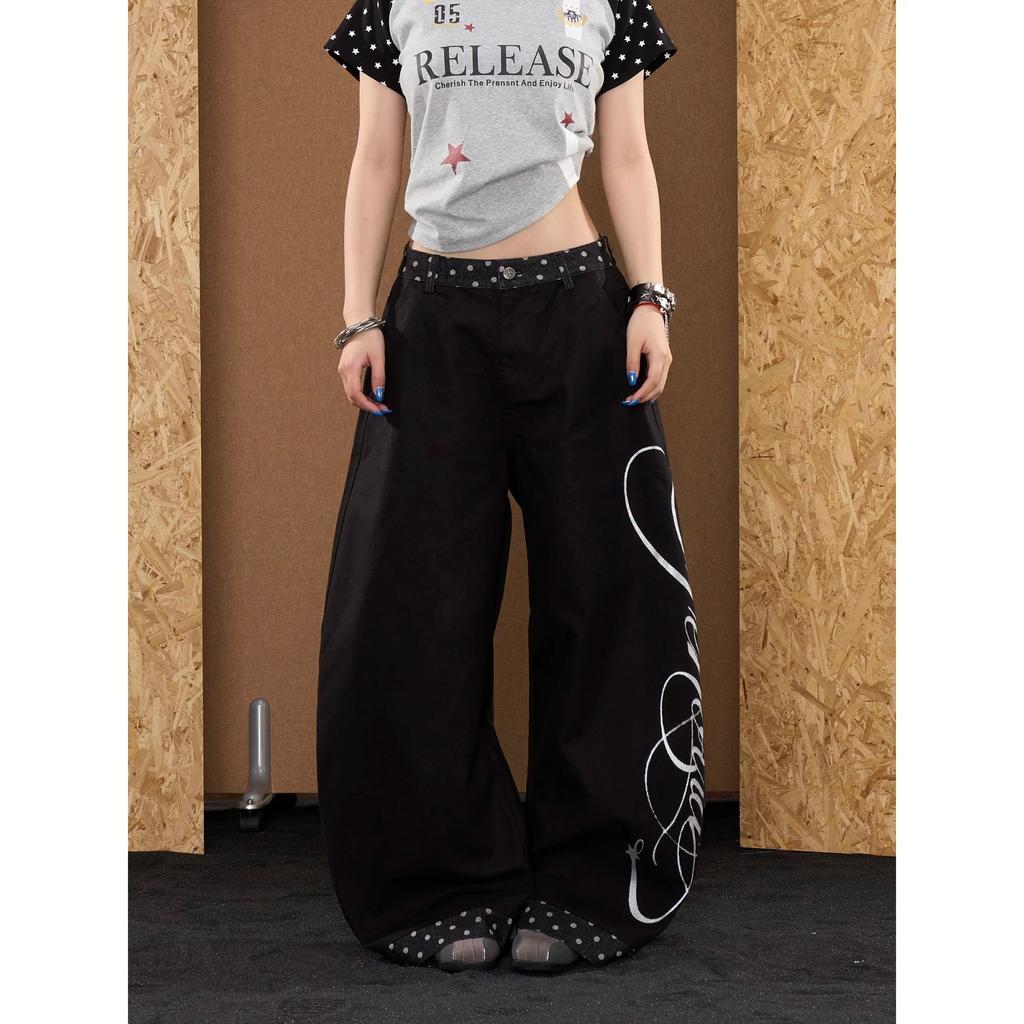 Printed Street Summer Wide Leg Pants Women's Loose Casual Pants Men's Vintage Alphabet High Street American Sub-Trendy Black