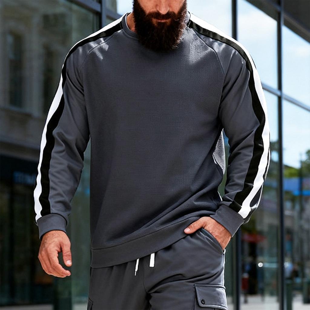 Men's Round Neck Color Block Long Sleeve Sweatshirt Casual Sports Base Layer Top