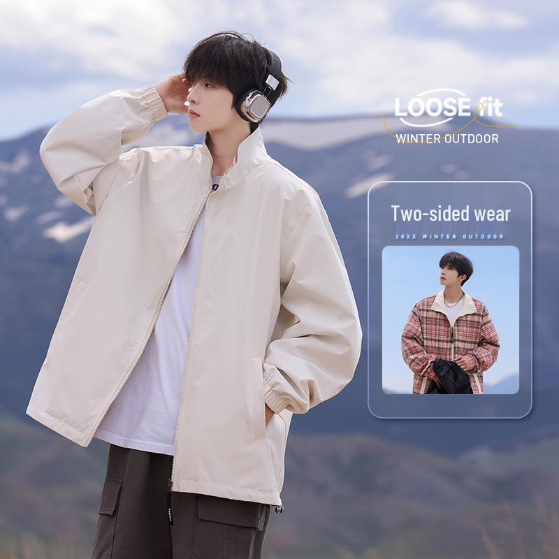 

Унисекс Двусторонняя Клетчатая Ветровка: Повседневный свободный крой со стойкой воротником для весны и осени. 3XL