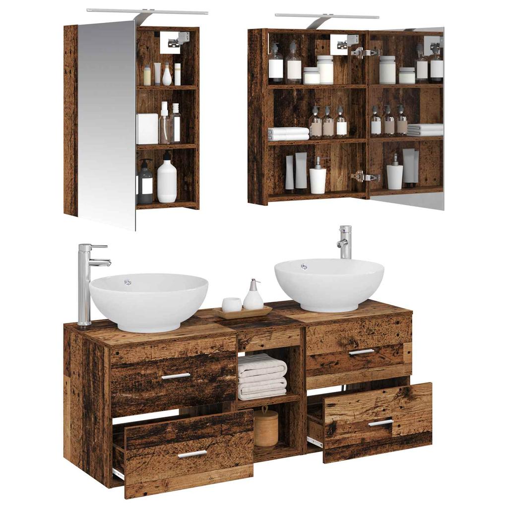Bathroom Furniture Set 5 pcs Reclaimed Wood Look Engineered Wood and Glass