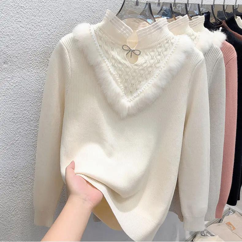 Thick Lace Sweater for Women's Autumn Winter New Half High Collar Bottoming Shirt Integrated Velvet Long Sleeve Knitted Top