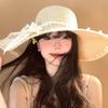 Wide Brim Summer Hat French Style Lace Straw Hat with Bowknot Elegant Women Straw Hat for Summer Beach Traveling Hiking