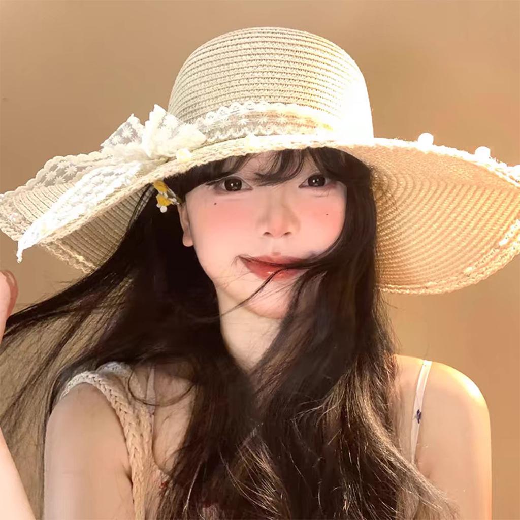 Wide Brim Summer Hat French Style Lace Straw Hat with Bowknot Elegant Women Straw Hat for Summer Beach Traveling Hiking