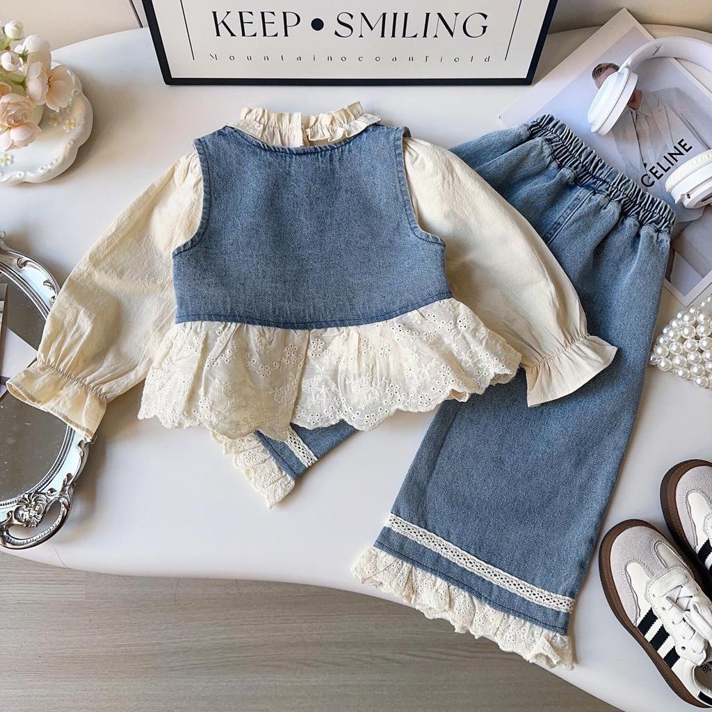 Mädchenmode-Set: Langärmeliges Hemd, Ärmellose Jeansweste und Lange Hose - Frühling/Herbst-Kollektion