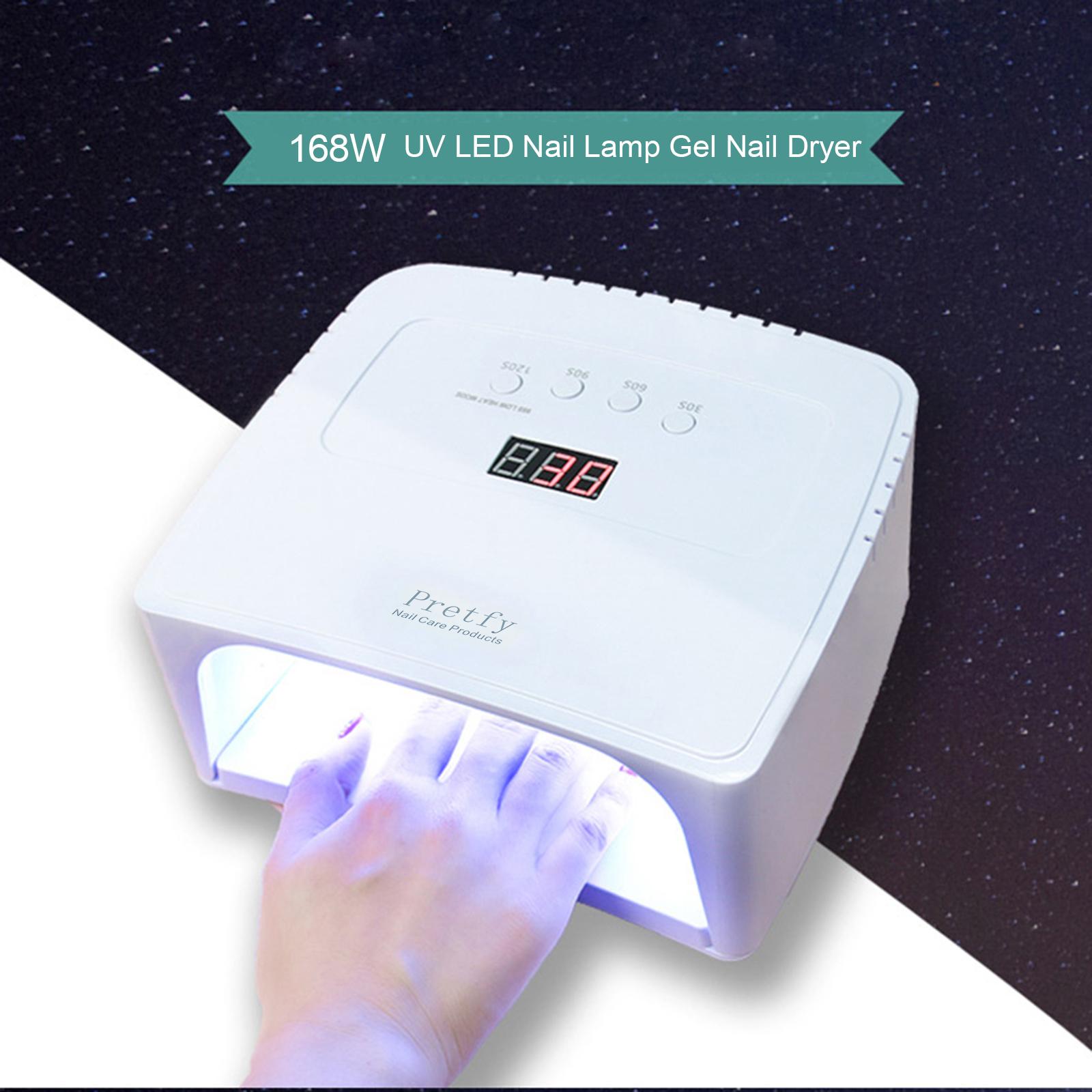

Pretfy 168 Вт УФ-светодиодная лампа для ногтей Быстросохнущая сушилка для геля для ногтей с интеллектуальным датчиком 4 таймера с ЖК-дисплеем UK Plug белый