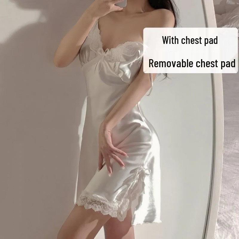 New Ice Silk Lace Pajamas with Chest Pad - Sexy French Camisole Nightdress