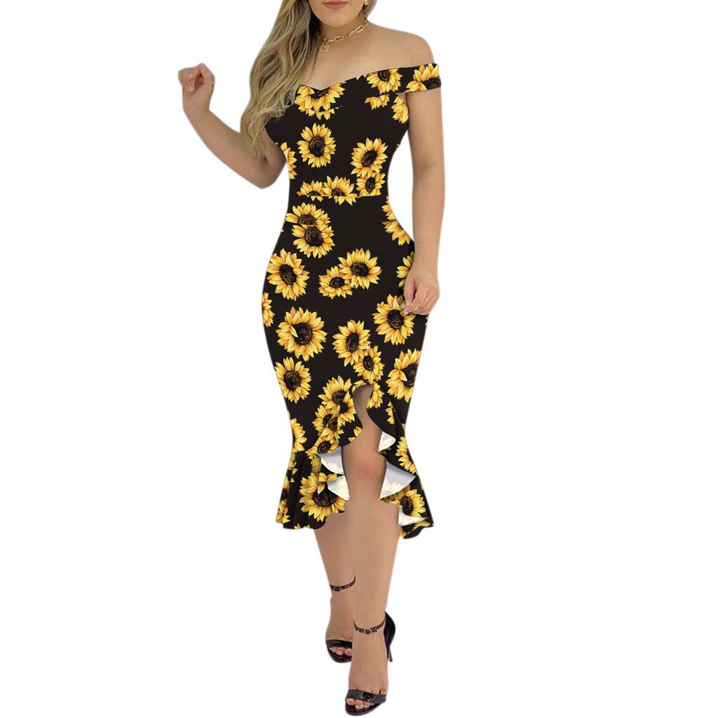 Women's Off Shoulder Glitter Star Print Midi Bodycon Dress Sleeveless Ruffled Irregular Hem Slit Formal Cocktail Party Dress