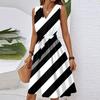 Women's Summer Fashion Loose V-Neck Sleeveless Lace-Up Striped Print Dress