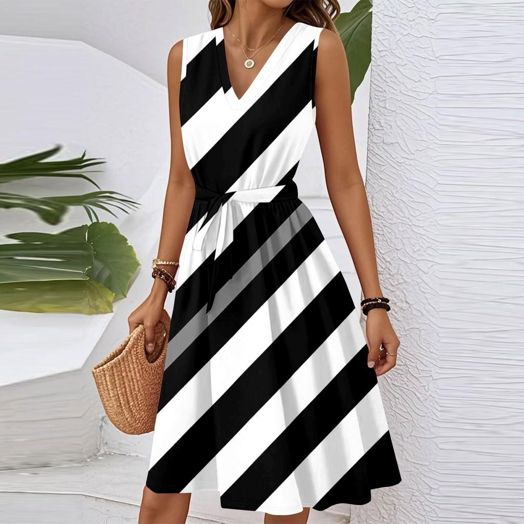 Women's Summer Fashion Loose V-Neck Sleeveless Lace-Up Striped Print Dress