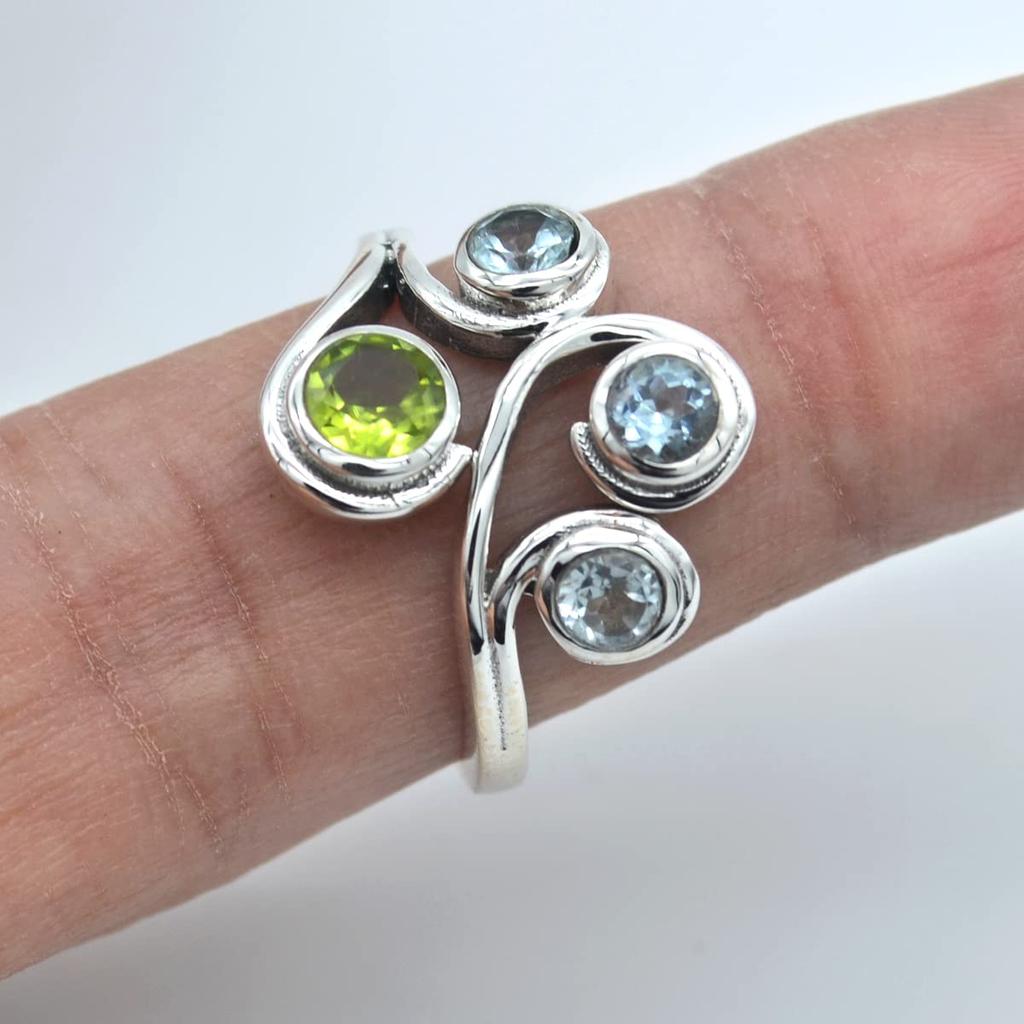 Natural Peridot and Blue Topaz Ring With Gemstone 925 Sterling Silver Ring Handmade Stone Solid Round Cut Stone Jewelry for Women - 1.87 Cts