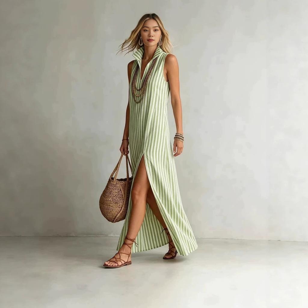 European and American independent station striped stand-up collar sleeveless split long dress casual women's dress