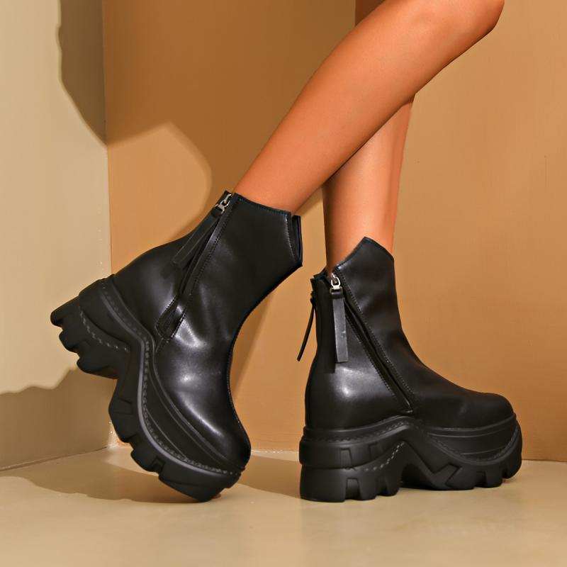 Brand Design Solid Thick Bottom Ankle Boots Women 2025 Autumn Punk Chunky Platform High Heel Booties Fashion Side Zip Boots